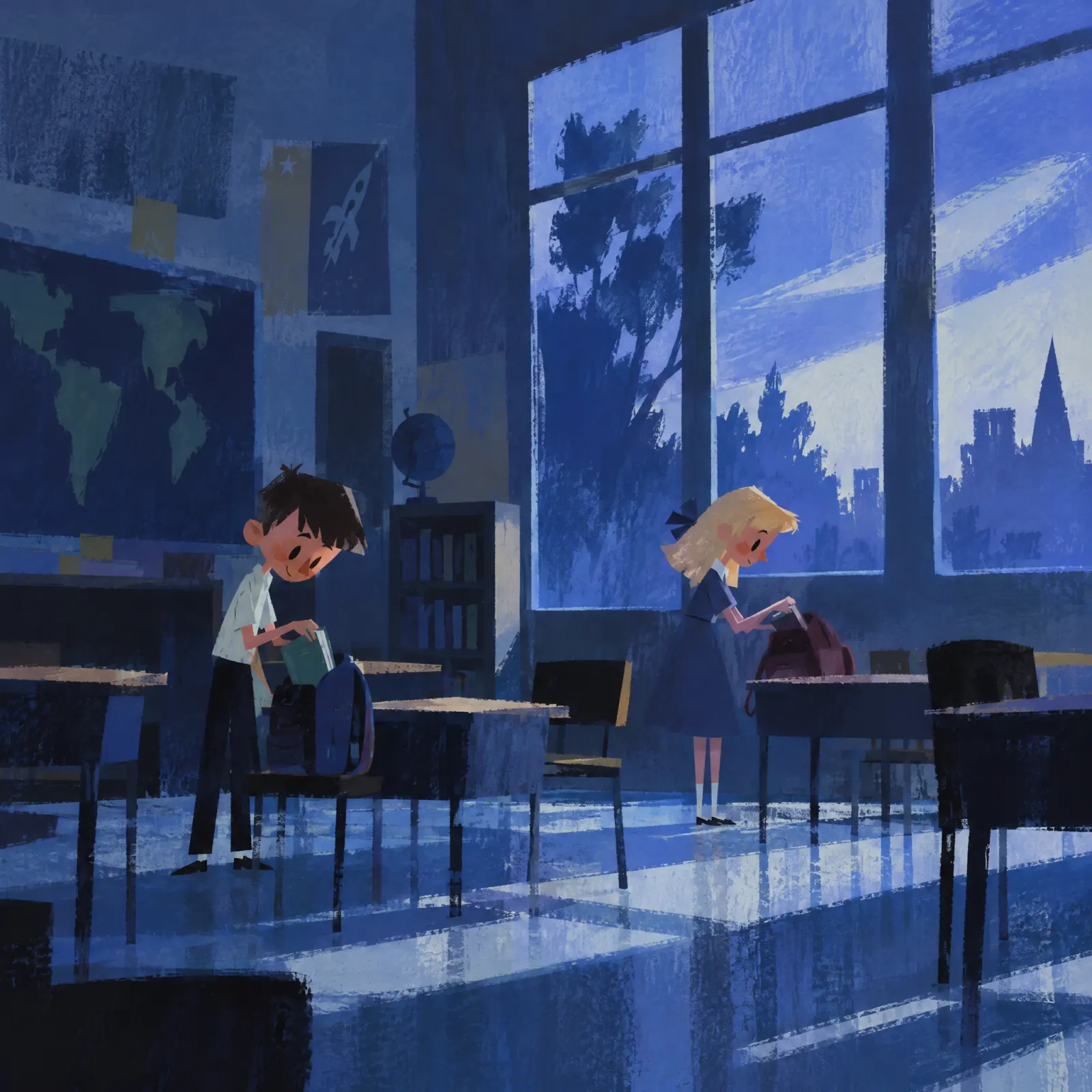 Two smiling children pack their schoolbags in a sunlit classroom, painted in blue.