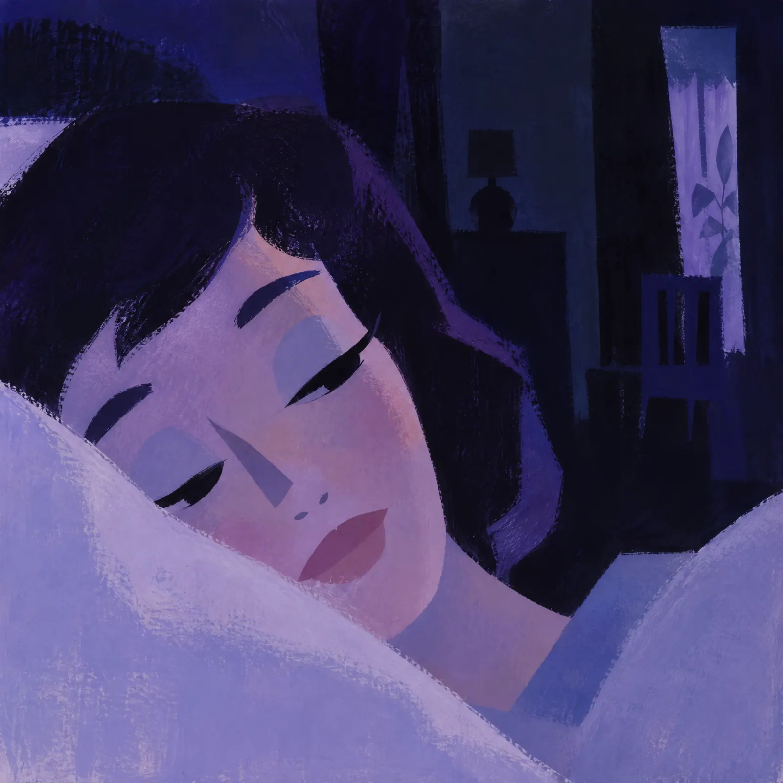 A woman with dark hair sleeps with her cheek on a white pillow in a dark violet bedroom.