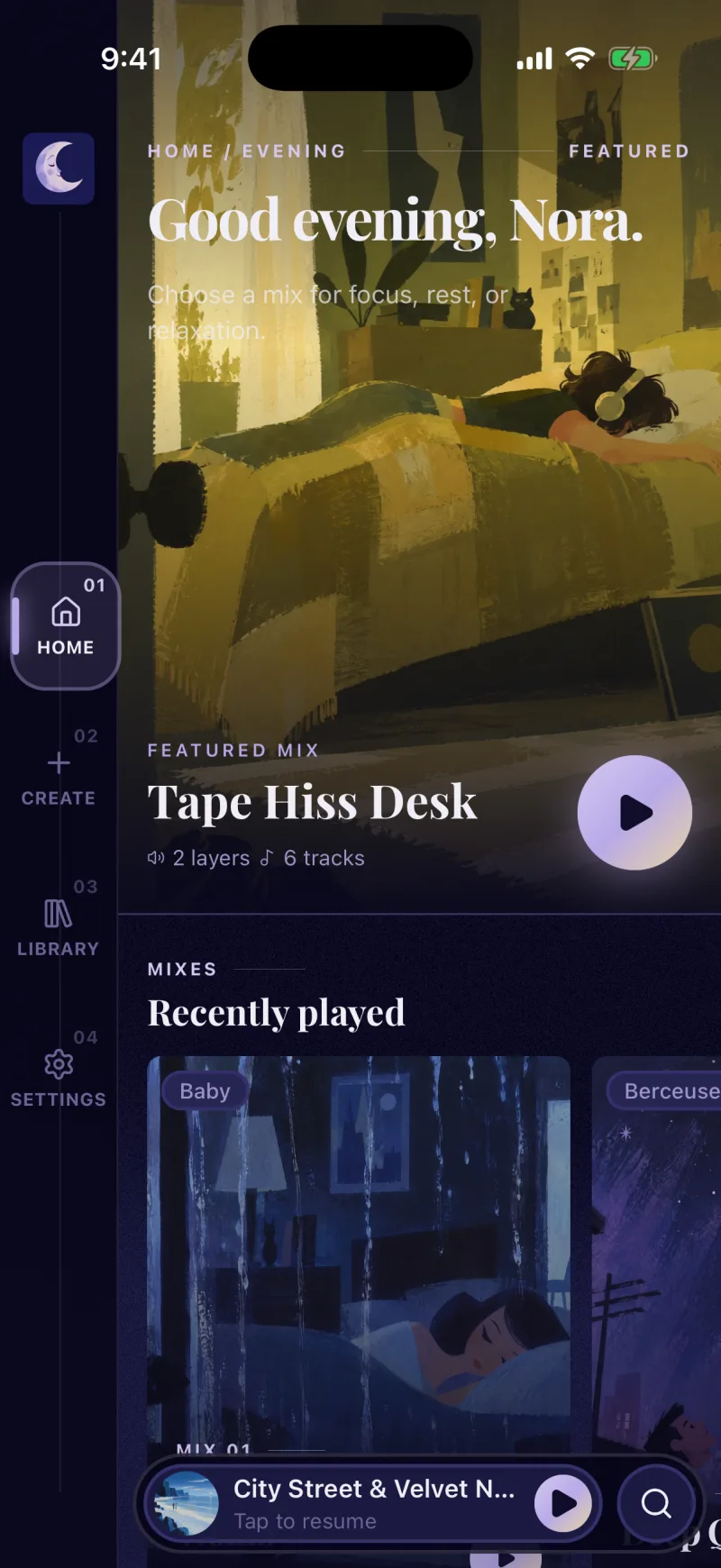 The Berceuse home screen, with a featured lo-fi mix and recently played mixes.
