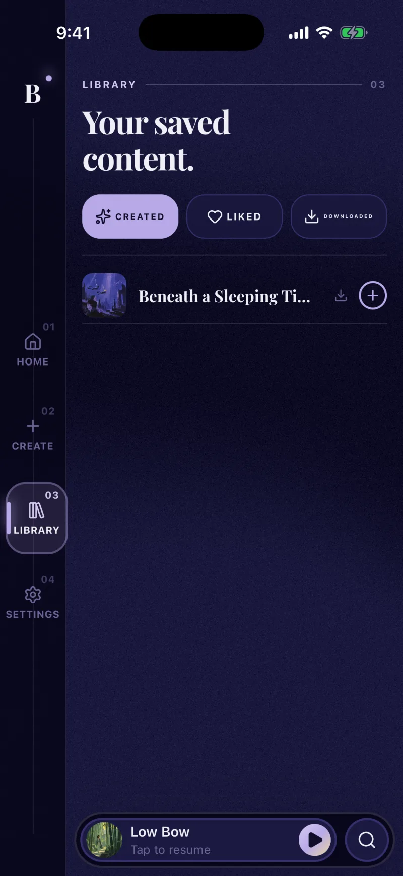 The Berceuse library with created, liked and downloaded mixes.