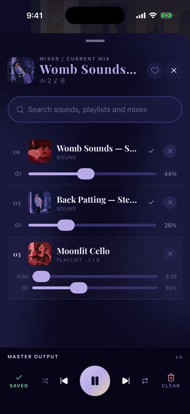 The Berceuse mixer with womb sounds, back patting and a cello playlist, each with its own volume slider.