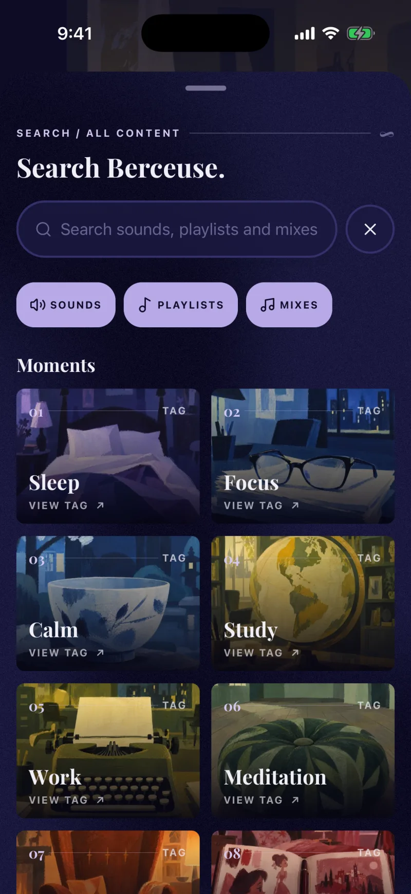 The Berceuse search screen with moments: sleep, focus, calm, study, work and meditation.