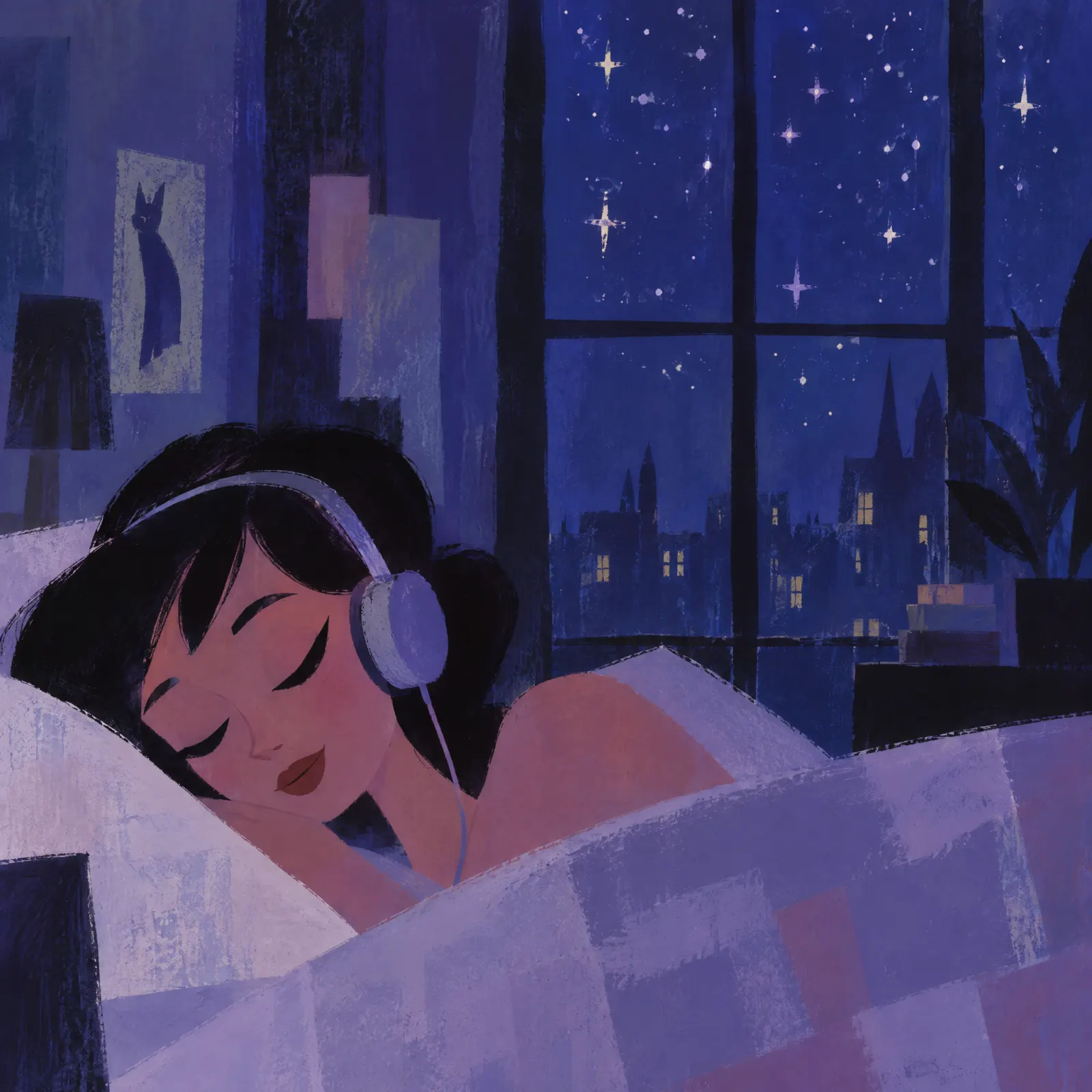 A woman sleeps with headphones on, smiling, under a starry window, painted in violet.