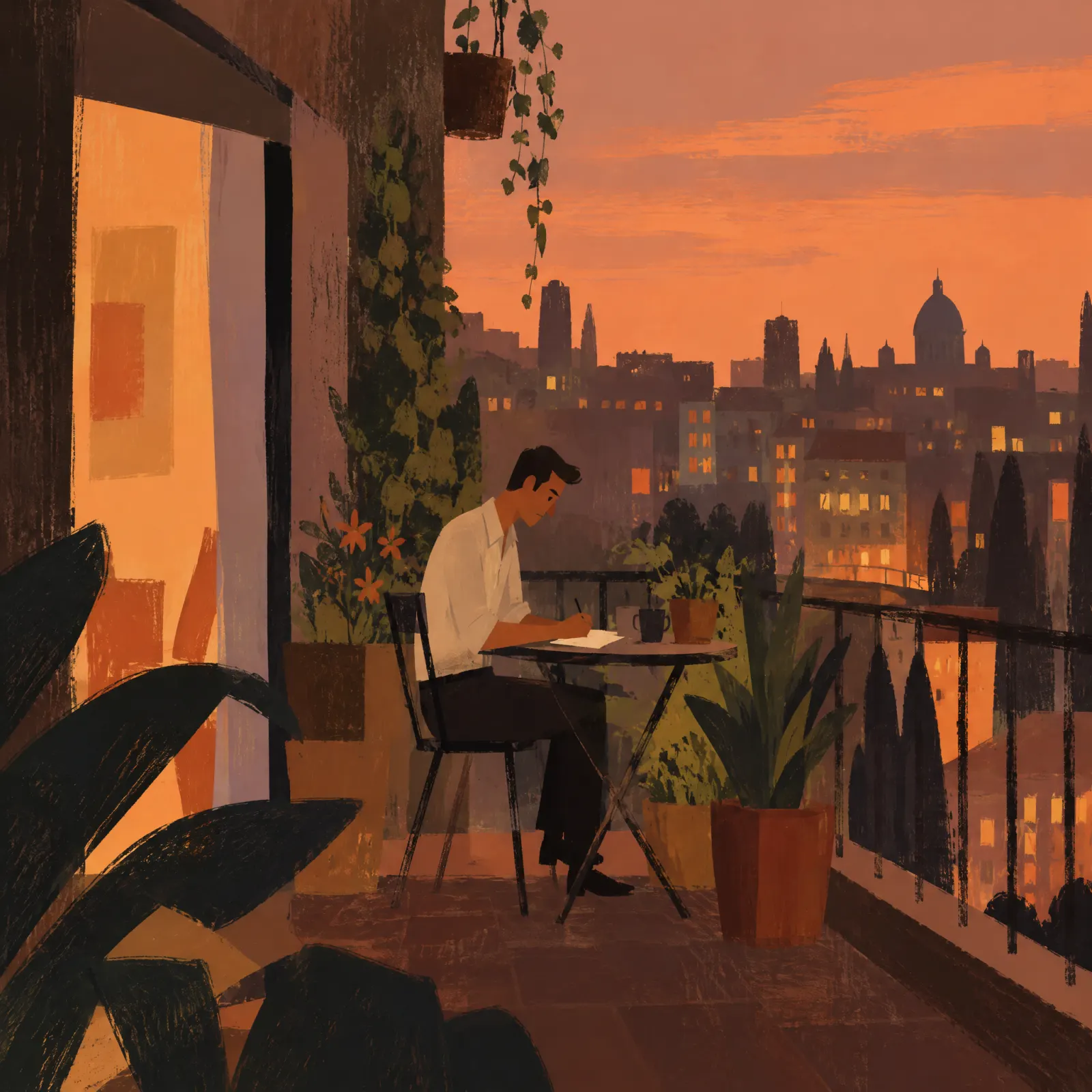 A man writes at a small table on a balcony at sunset, above the city lights, painted in orange.
