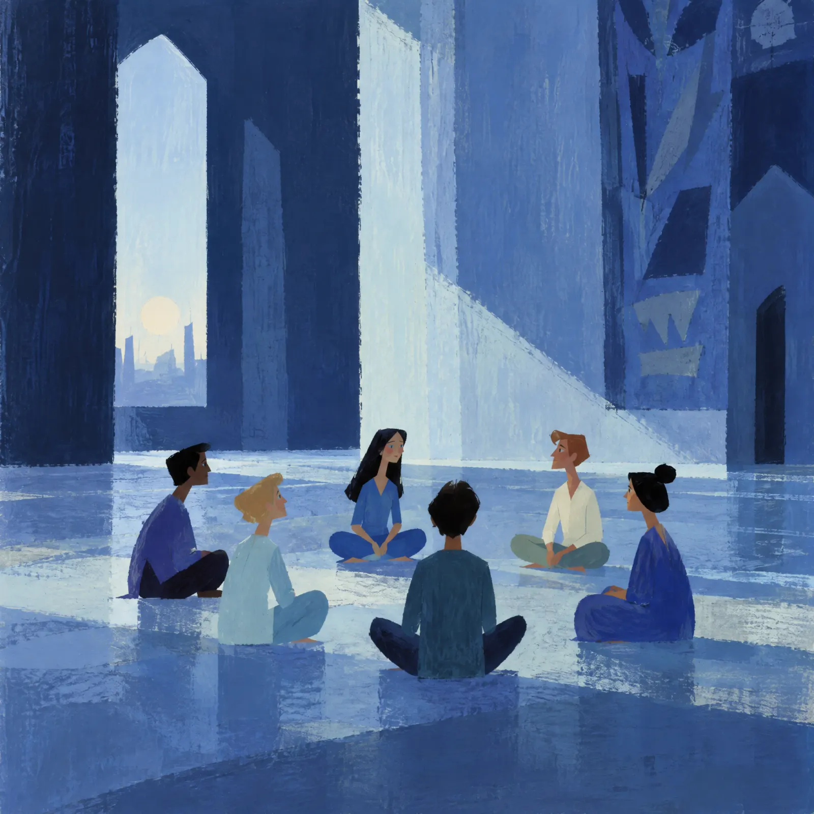 Six people sit cross-legged in a circle on a shining floor inside a tall blue hall, with a pale sun over a city through an arch.