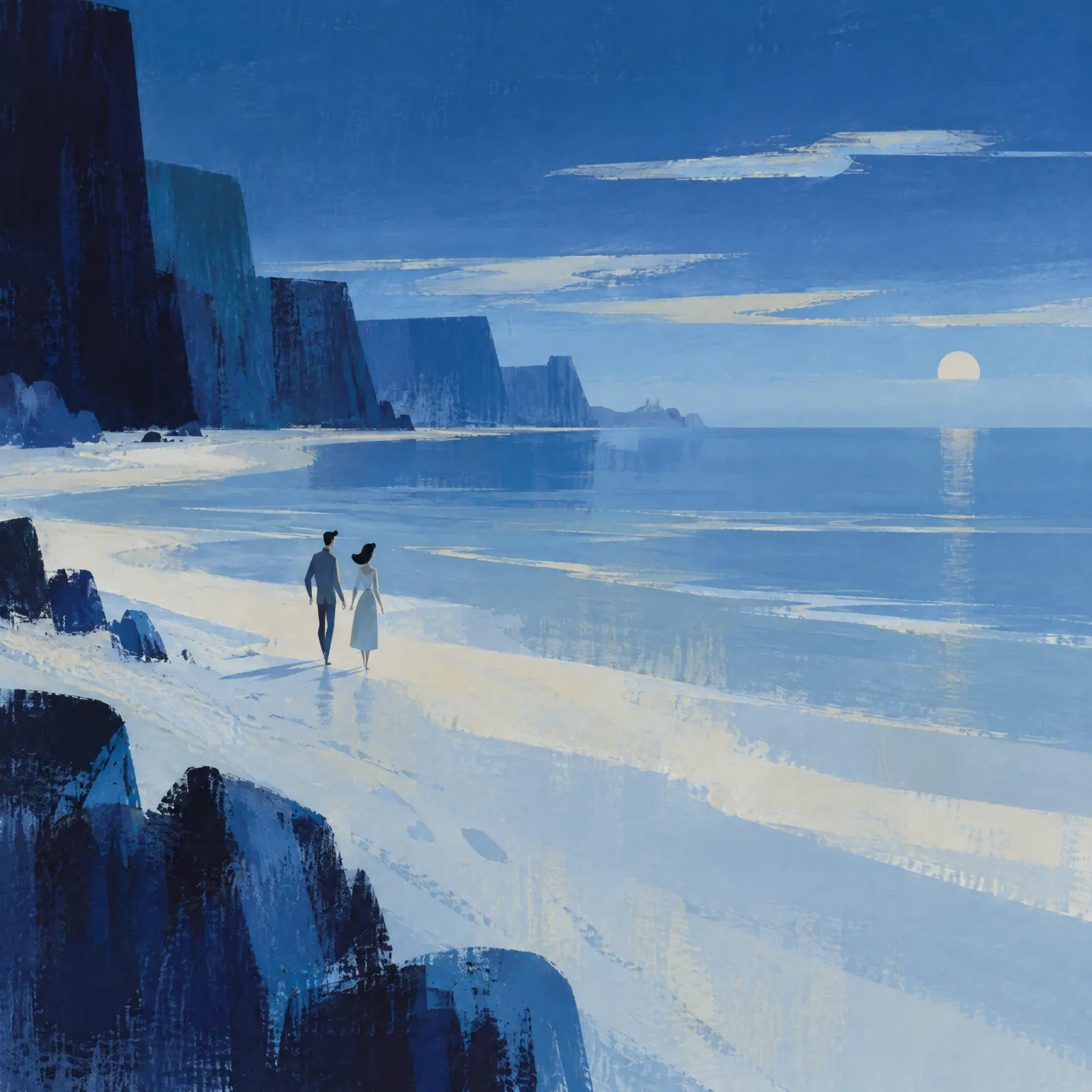 Two people walk hand in hand along a pale beach below tall dark cliffs, with a low moon over the sea, painted in blue.