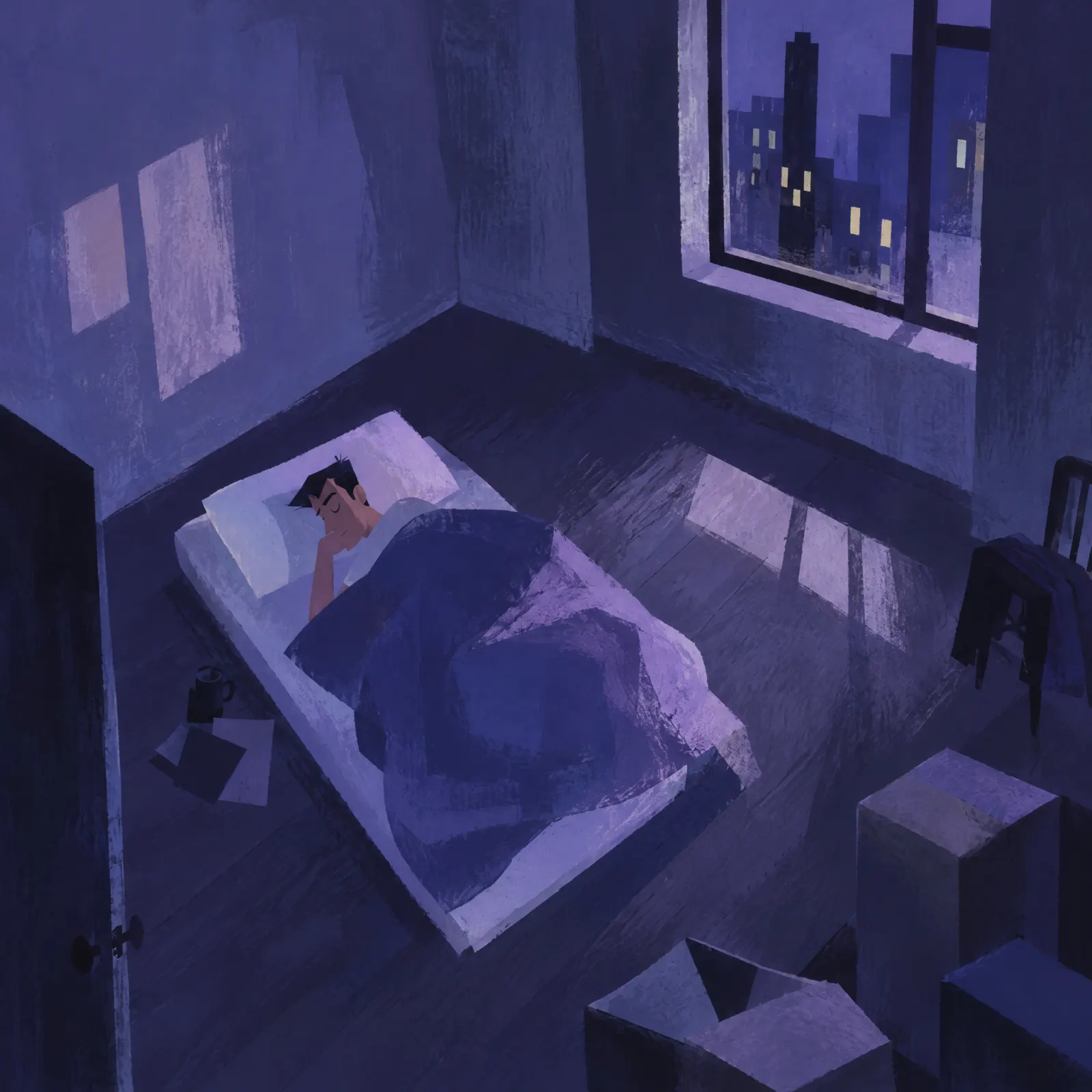 A man sleeps on a mattress on the floor of a bare violet room with moving boxes, city windows lit outside.
