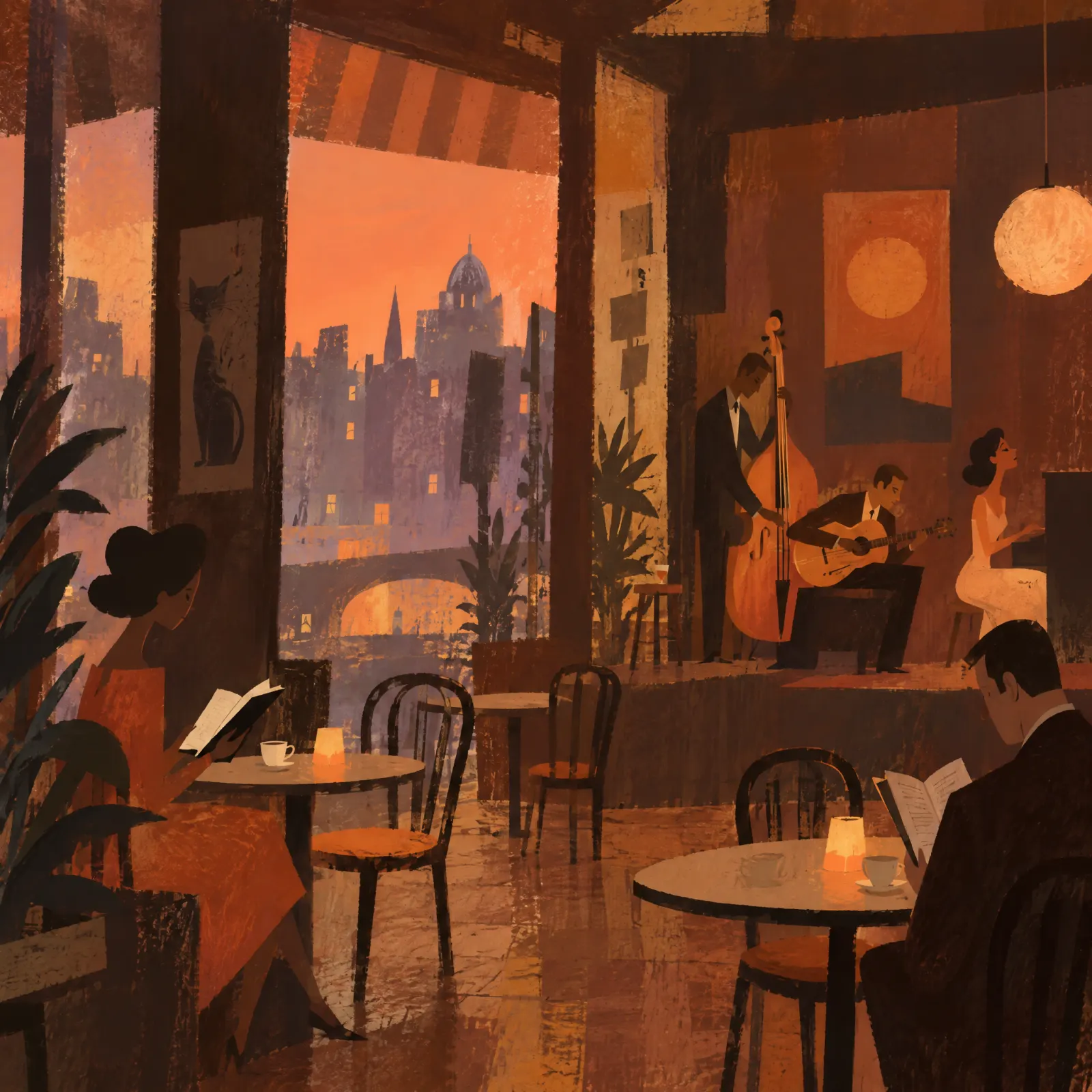 Small tables in a warm orange café, where people read by candlelight while a bass player, a guitarist and a singer perform on a little stage.