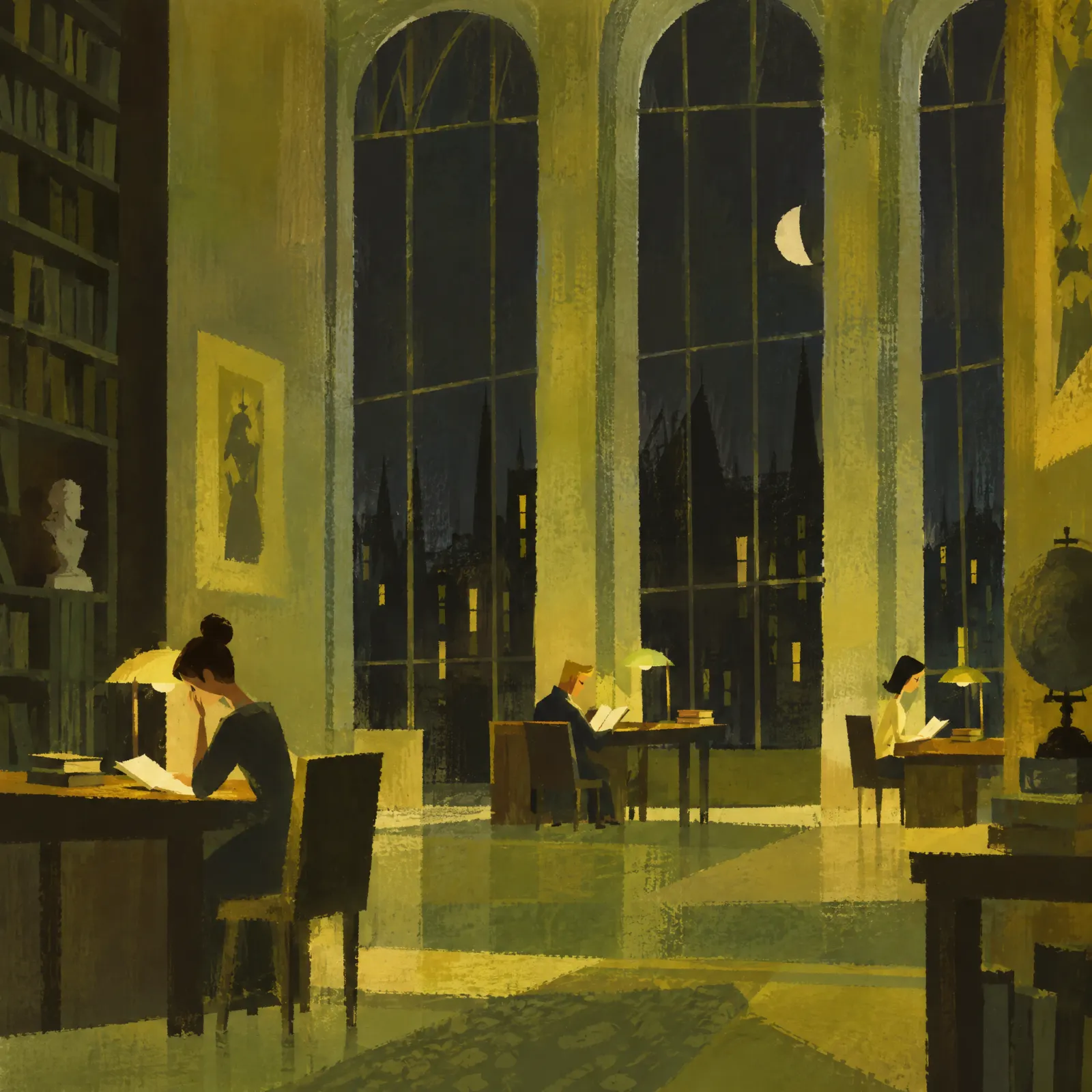 People read at desks under small lamps in a tall library at night, a crescent moon in the arched windows.