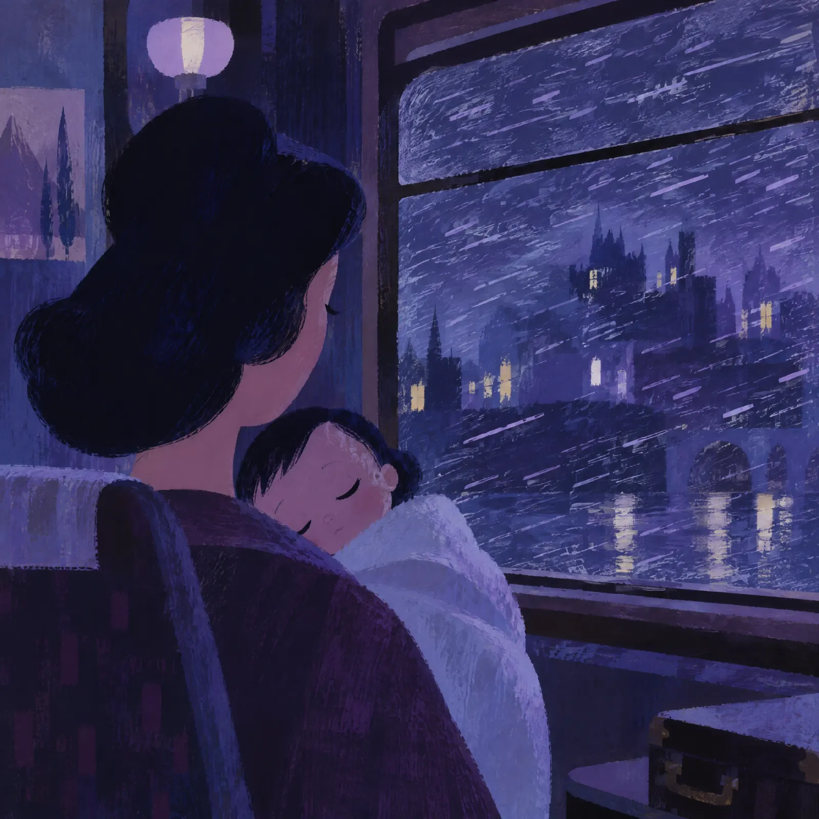 A mother holds her sleeping baby on a train at night while rain streaks past the window.
