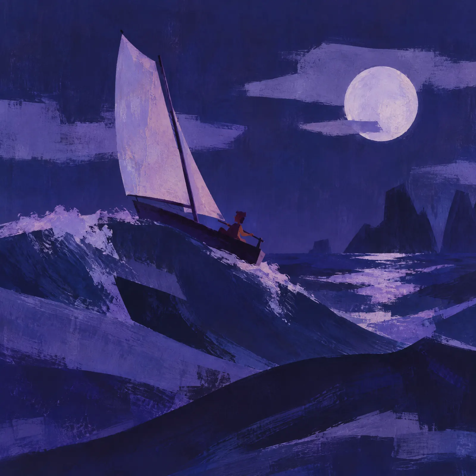 Ein kleines Segelboot fährt unter einem Vollmond über hohe Wellen, gemalt in tiefem Blau und Violett.
