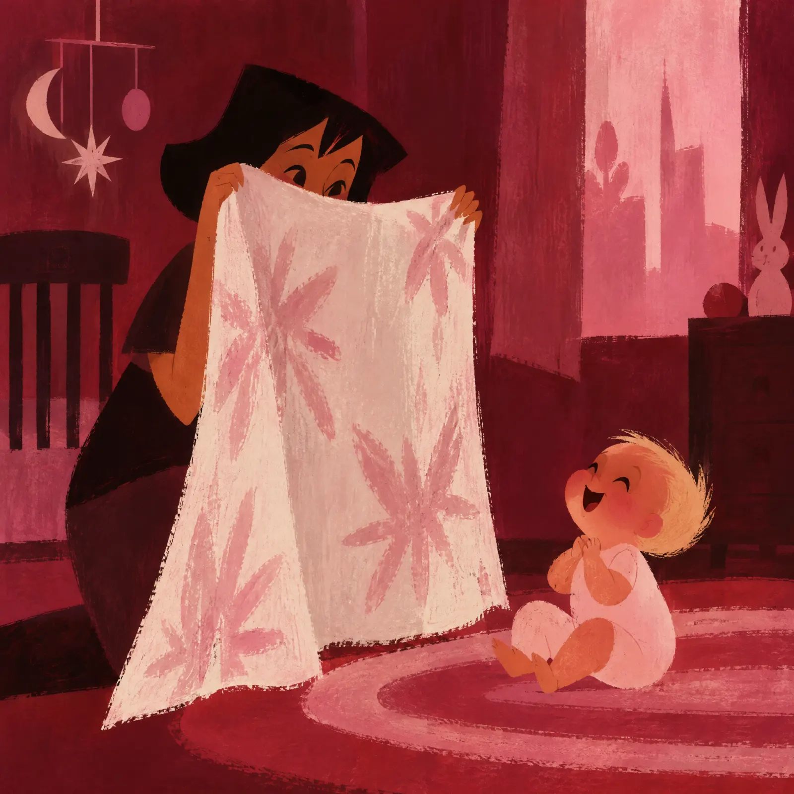 Eine Mutter spielt mit einer Decke Kuckuck, während ihr Baby auf einem runden Teppich lacht, in Rosa und Rot gemalt.