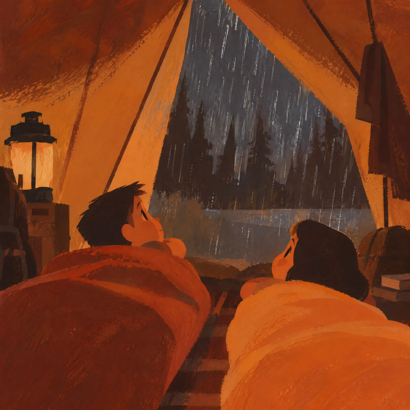 Two children in orange sleeping bags lie in a tent by lantern light and watch heavy rain fall on a pine forest.