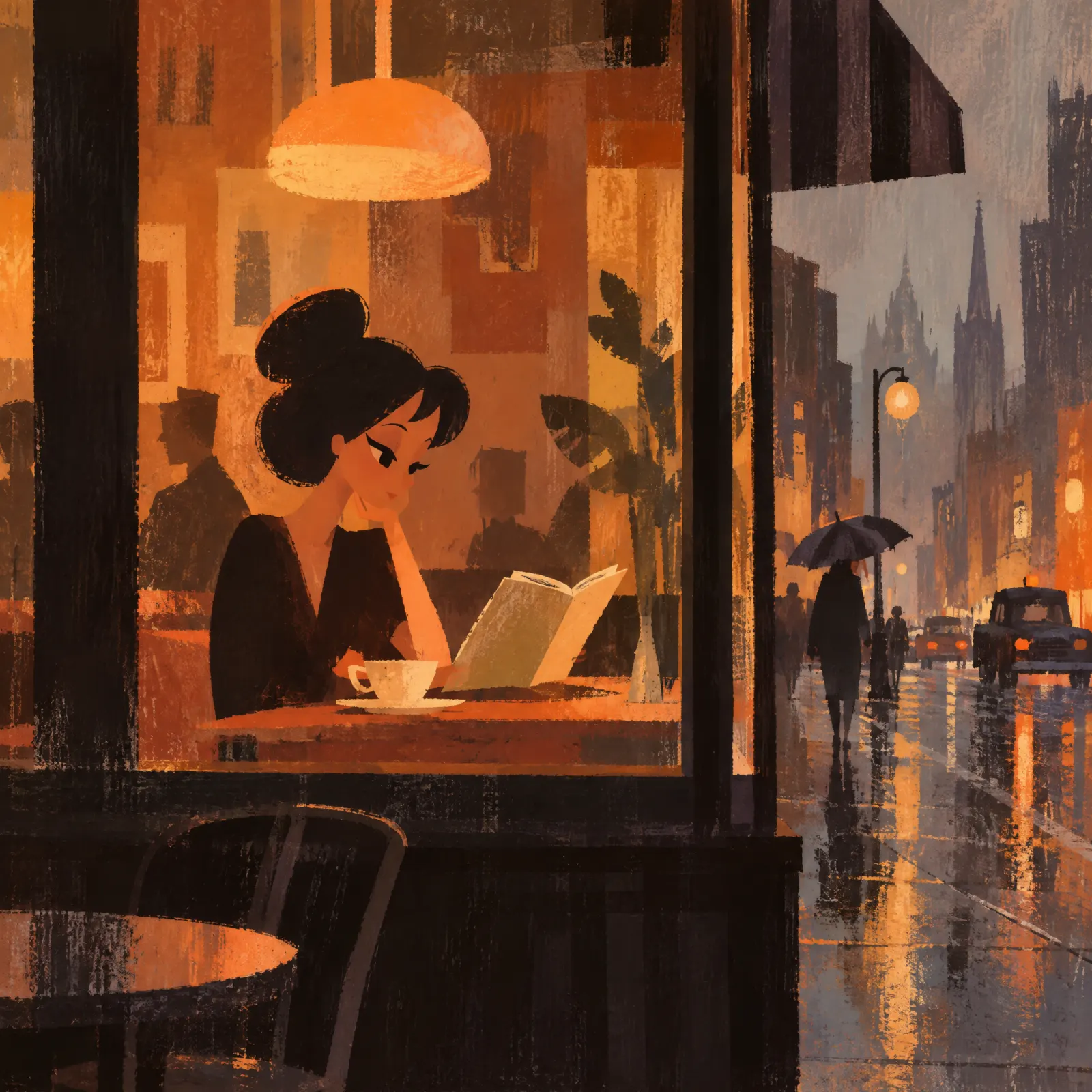 A woman reads a book over a cup of coffee in a warm café window while people with umbrellas pass on a rainy street at night.
