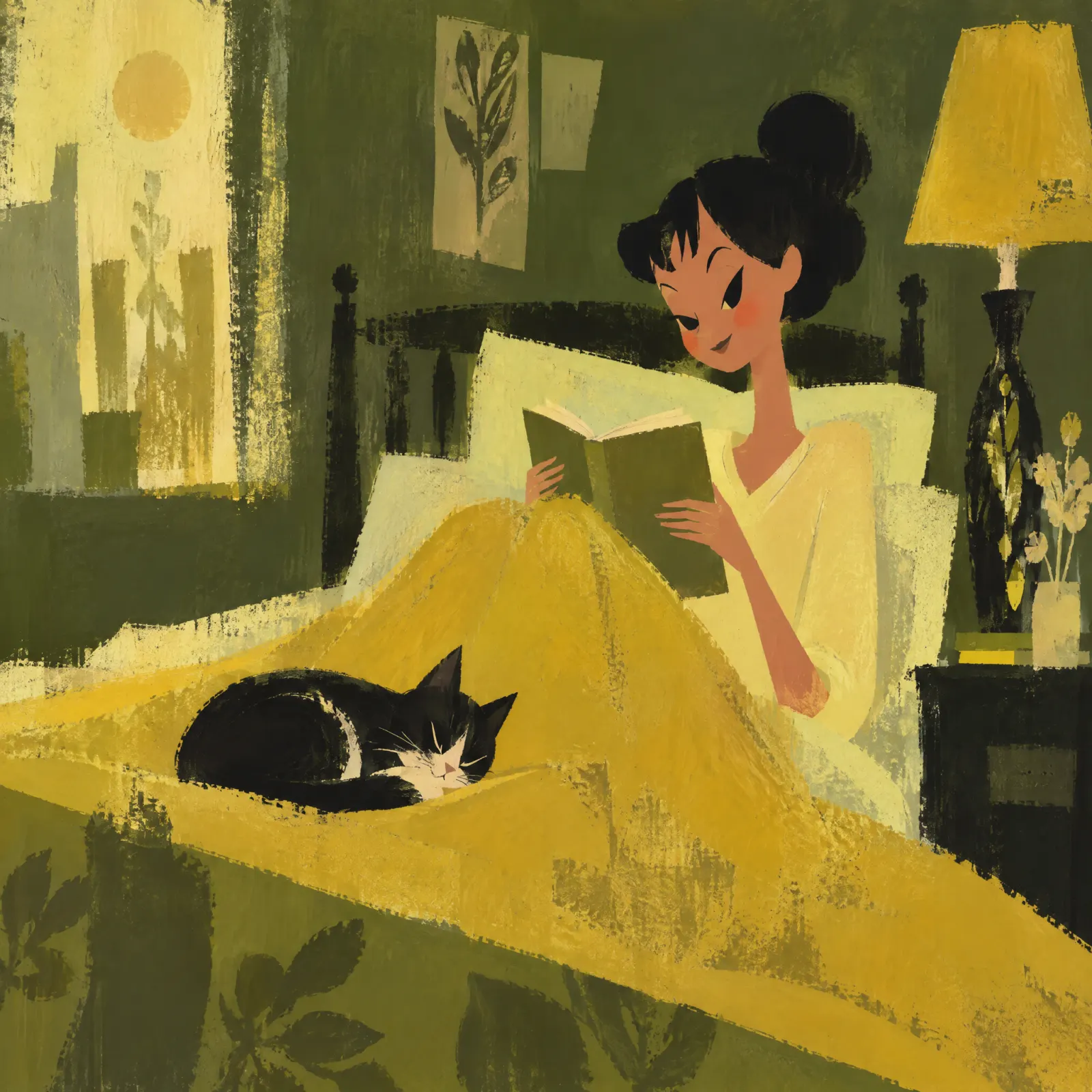 A woman reads in bed under a yellow blanket while a black and white cat sleeps at her feet.