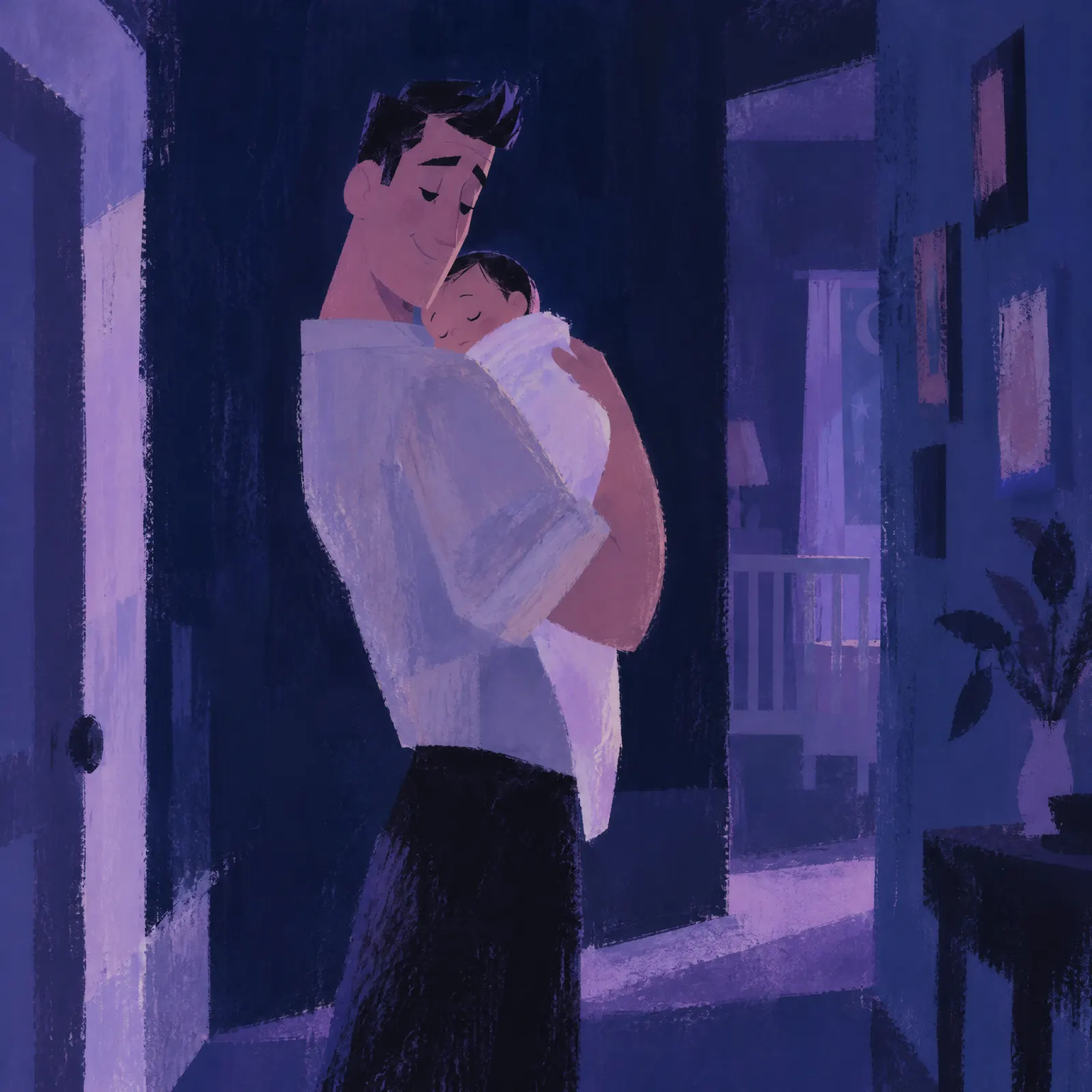 Um pai segura o filho recém-nascido a dormir num corredor escuro, com o quarto do bebé suavemente iluminado atrás dele, pintado em azul violeta.