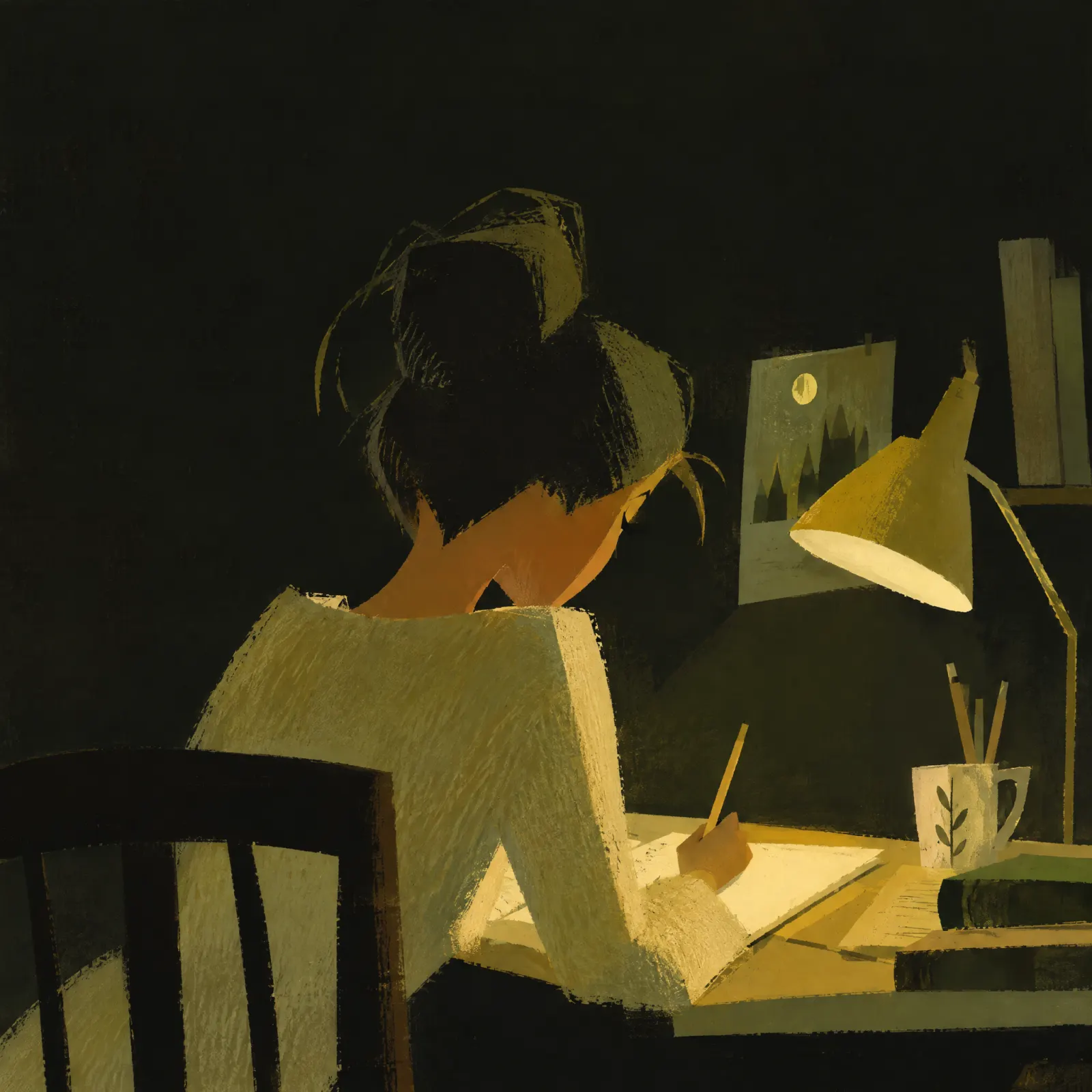 A woman writes at her desk late at night under a yellow lamp, with a mug of pencils and a stack of books beside her.