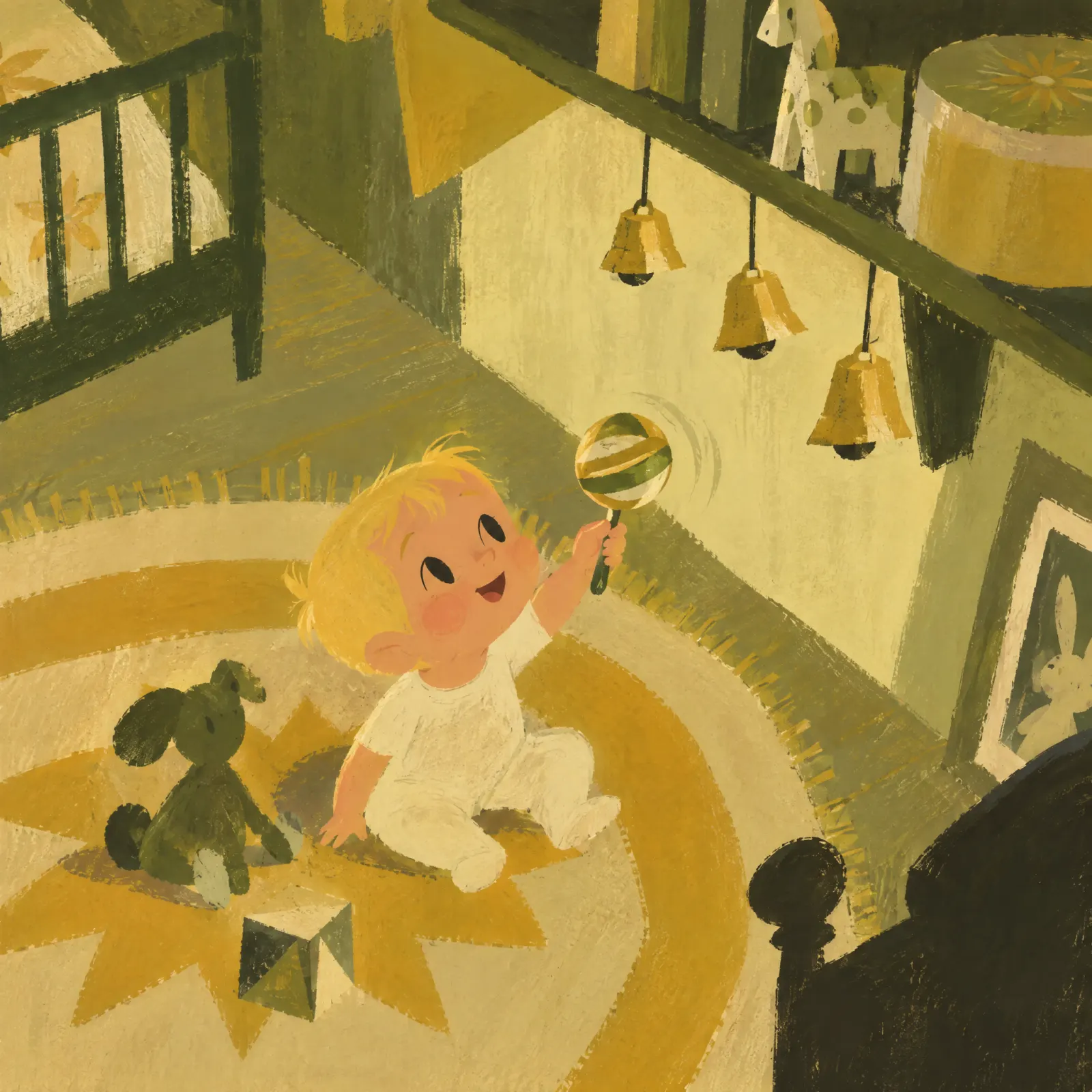 A smiling baby shakes a rattle on a round rug below a shelf of hanging bells, painted in warm yellow and olive.