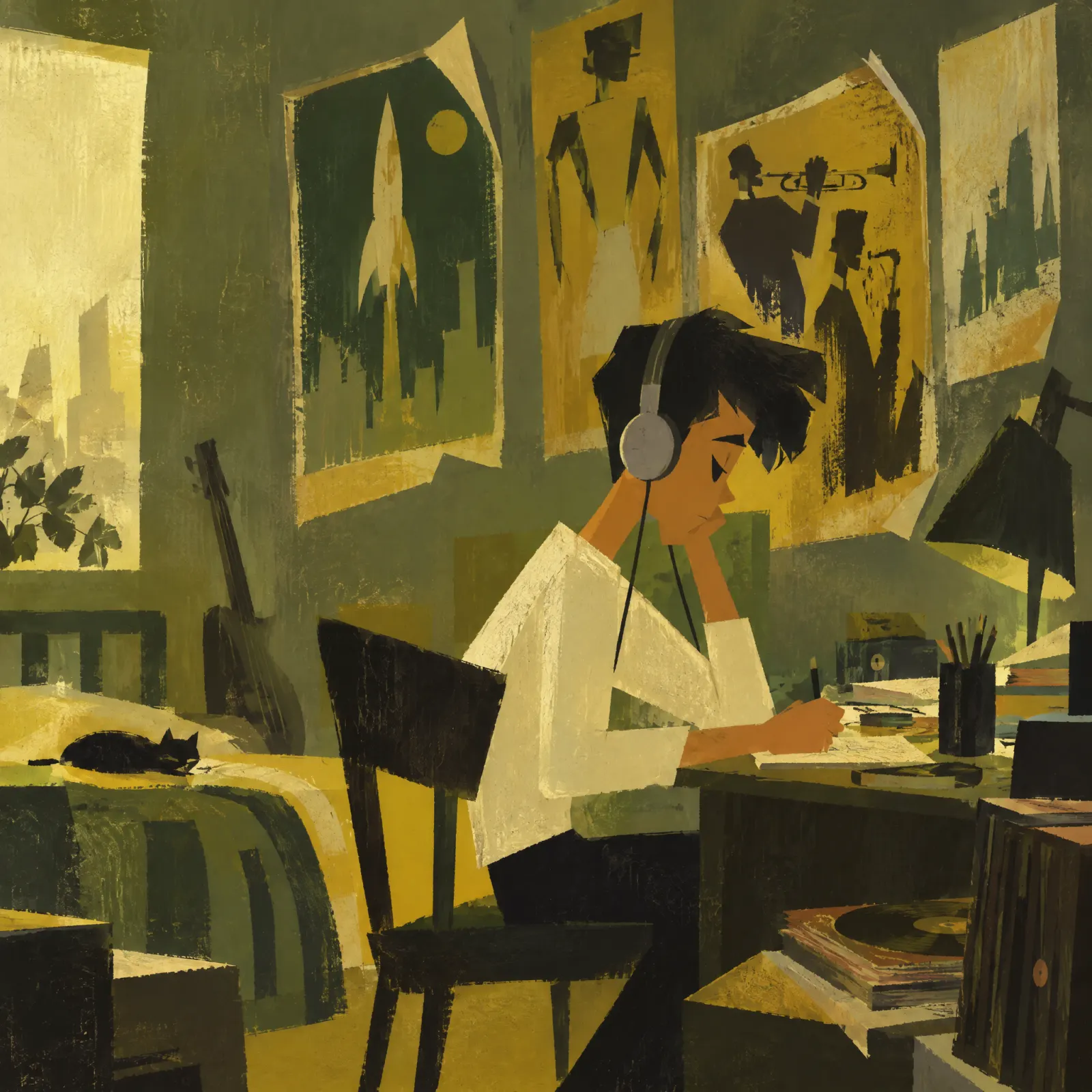 A young man in headphones writes at his desk in a bedroom full of posters, a guitar behind him and a black cat asleep on the bed.