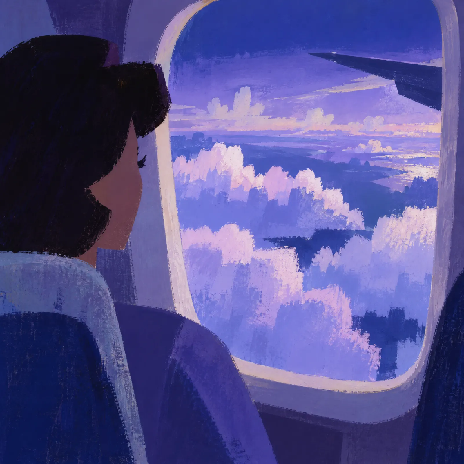 Una donna guarda dal finestrino di un aereo nuvole rosa e viola al tramonto.