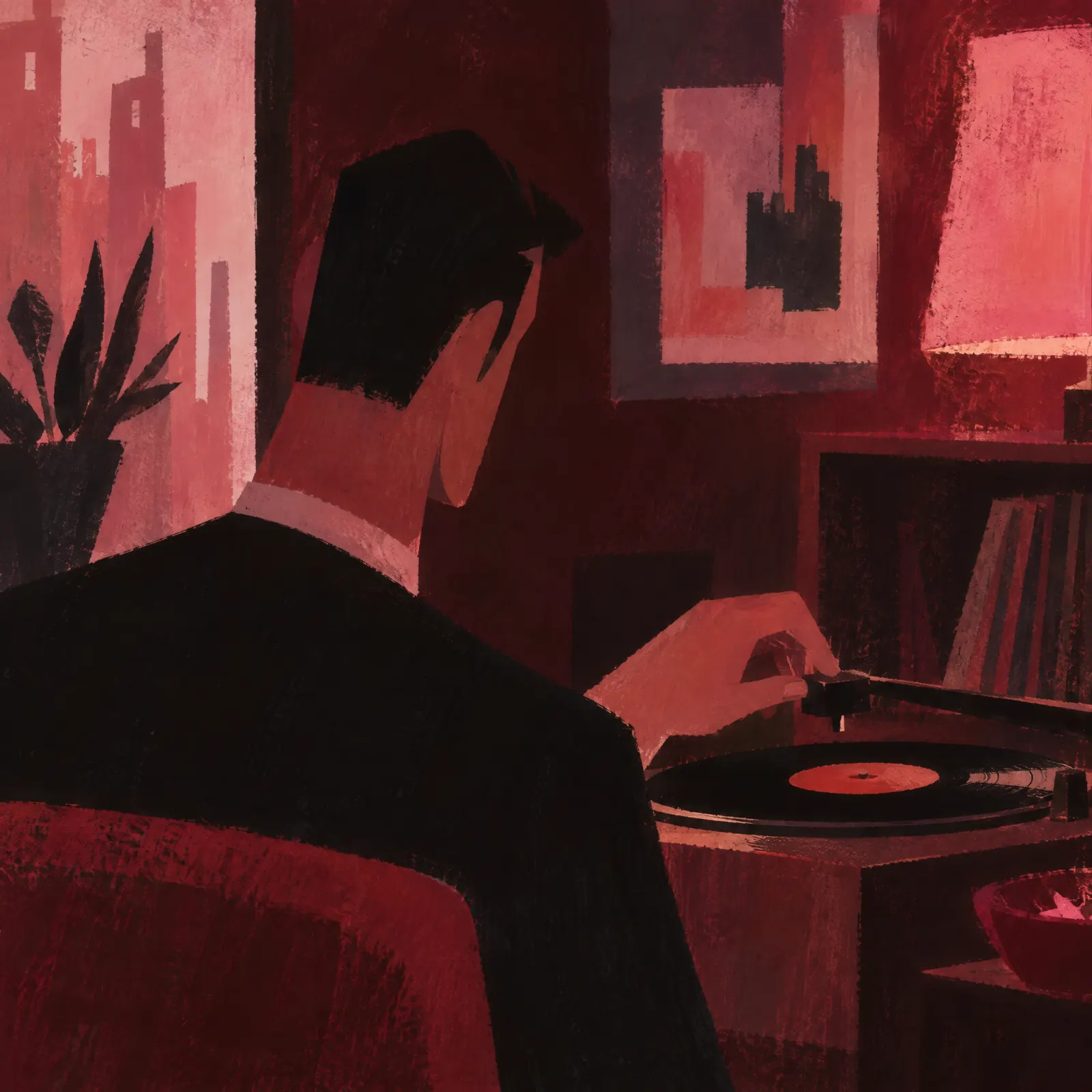 A man in a dark suit lowers the needle onto a record in a red-lit room, with city towers outside the window.